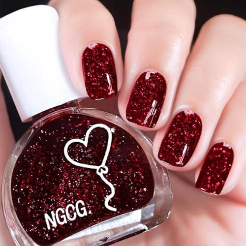 Glitter Red Nail Varnish,Long Lasting Quick Drying & Chip Resistant Jelly Shimmer Holographic Nail Polish High Glossy for DIY Salon Manicure at Home, No Need UV(10ML)