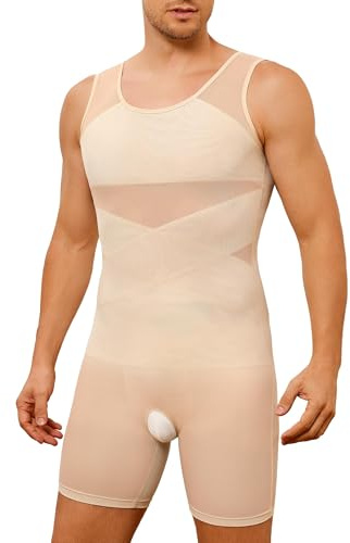 Nebility Men Compression Shirt Vest Slimming Full Body Shaper Tummy control Shapewear Undershirts Workout Waist Trainer Tank Tops (Beige, L)