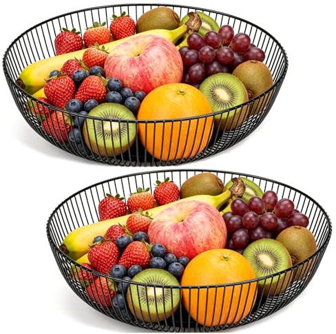 HATANSE 2 Stück Obstschale Schwarz 28 x 8cm Obstschalen aus Metall | Obstkorb Modern Draht Obstkorb Kreisförmiges durchbrochenes Design für Gemüse Obst Brot