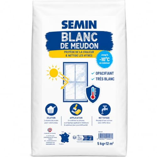 SEMIN Blanc de Meudon 5 kg – Protection Chaleur Vitres & Vérandas – Jusqu'à -10°C en Intérieur – Très Blanc, Fort Pouvoir Opacifiant – Poudre Naturelle