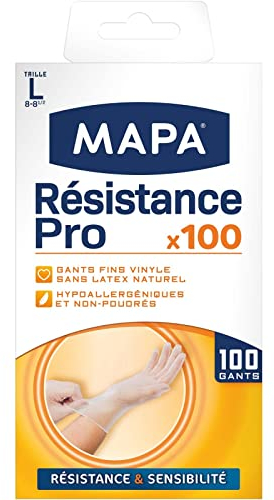 MAPA - Résistance Pro - Gants Fins en Vinyle Non Poudrés - Recyclables avec TerraCycle® - Solidité et Précision - Sans Latex - 1 boîte de 100 gants - Taille L
