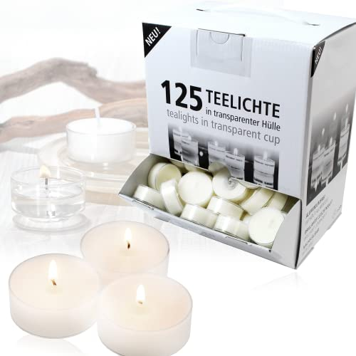 Candelo 125er Set Hochwertige Teelichter ohne Duft Ambiente - Spender Box - 3,8 x 1,7cm je Licht - Kerzen Weiß - Kunststoff Hülle - 4 Std Brenndauer