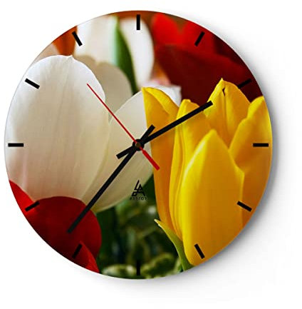 Modern Wanduhr Tulpen Vase Blumenstrauß 30x30cm Rund Klein Wand Uhr Glas Analog Zimmeruhren Küche Büro Wohnzimmer Glasuhr Wall Clock Dekoration Design Wanddekoration Küchenuhr C3AR30x30-1366