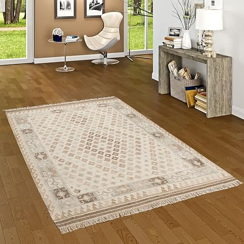 Theko Natur Teppich Kelim Sumak Creme Beige Bordüre in 7 Größen