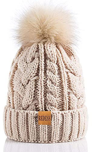 REDESS Bonnet d'hiver à Pompon pour Femme avec Doublure en Polaire Chaude, Bonnet de Ski en Tricot de Neige épais et épais