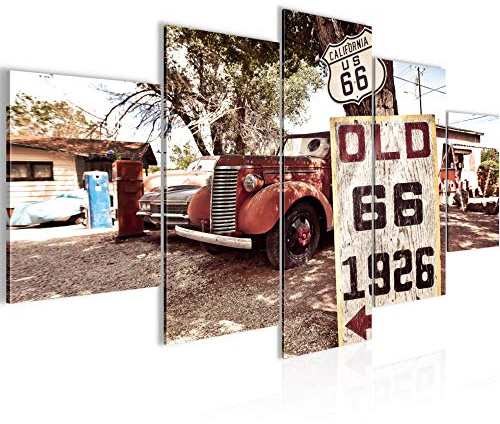 Runa Art Bild Wohnzimmer Auto Route 66 5 Teilig Oldtimer Bunt Rot Wandbilder auf Vlies Leinwand 609853a
