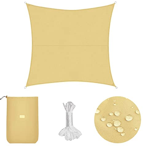 Sekey Sonnensegel Wasserdicht 3x3m Quadratisch PES Polyester, Sonnenschutz 95% UV Schutz Windschutz Reißfest Wetterfest, für Balkon Garten, mit Ösen und Befestigungsseile, Sand