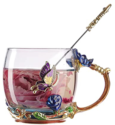 Qinhai Enamel Butterfly Flower Tea Cup Sets,Glass Coffee Mug,Mothers Day Gifts for Mum,Birthday Valentines Graduation Christmas for Women Wife Her Grandma Teacher Friend
