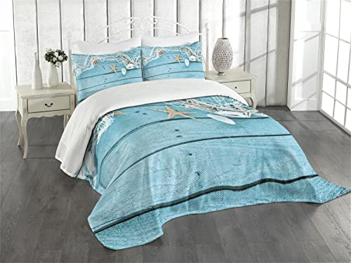 ABAKUHAUS maritim Tagesdecke Set, Nautik Muscheln und Net, Set mit Kissenbezügen Waschbar, für Einselbetten 170 x 220 cm, Aqua Tan