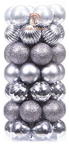 Sea Team 46-Pack Christmas Ball Ornaments with Strings, 30mm/1.18 Mini Size Baubles, Shatterproof Plastic Christmas Bulbs, Hanging Decorations for Xmas Tree, Holiday, Wedding, Party, Grey