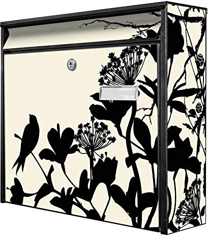 banjado® Burg-Wächter® Briefkasten mit Motiv Vögel Schattenriß/Briefkasten ohne Zeitungsfach 32x36x10 cm groß/Briefkasten mit Namensschild A4 Einwurf inkl. Montagematerial & 2 Schlüsseln