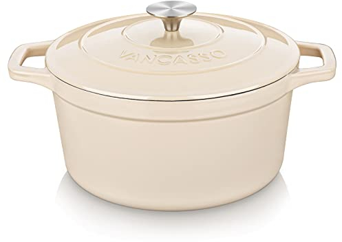 Vancasso Cast Iron Pot, 5 Liters Cream Round Casserole With Stainless Steel Knob Lid - Enameled Dutch Oven for All Hob Types, 26cm