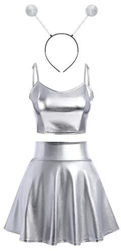Alien Kostüm Damen - Metallic Glitzer Oberteil Crop Top+Faltenrock Mini Skater Röcke Outfit Halloween Karneval Fasching Festival Rave Faschingskostüme Silber-spaghettiträger+Alien Haarreif S