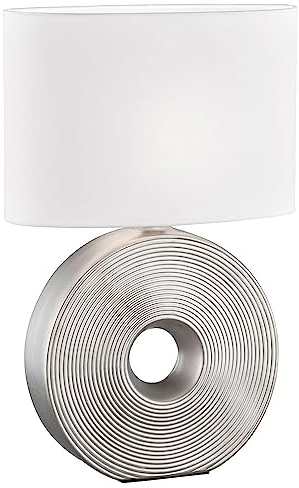 etc-shop Tischlampe silber Beistellleuchte modern Nachttischlampe oval, Designleuchte Leselampe Textil Schirm weiß, Keramik, 1x E27 Fassung, LxBxH 34x17x53 cm