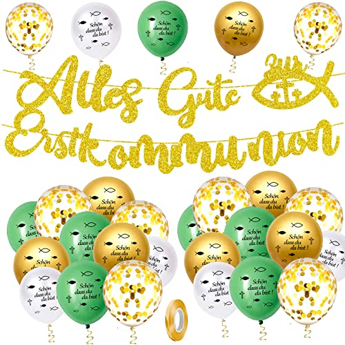 Kommunion Deko, Taufe Deko Grün Gold Weiß, 1 Stück Alles Gute zur Konfirmation Girlande, 24 Stück 'Schön, DASS du da bist!' Luftballon, für Taufe Party Dekoration