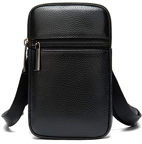 Handy Schultertasche Herren Leder, Handy Umhängetasche Herren Schwarz, Leder Messenger Tasche Klein Geschäft Handy Holster Crossbody Bag Reise Herrentaschen Handtasche Brieftasche mit Gürtelschlaufe