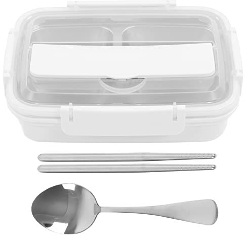 Niiyen Fiambrera Bento Fiambrera Platos Divididos con Tapa 4 Compartimentos Recipiente De Comida De Acero Inoxidable con Cuchara para Exteriores(Blanco)