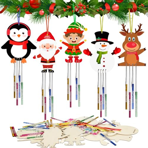 HONMOK 10 Stück Weihnachten Windspiel Bastelset Kinder Weihnachten Basteln Holz Weihnachtsbasteln DIY Weihnachtsdeko Bastelhandwerk zum Bemalen für Jungen Mädchen Weihnachten Mitgebsel