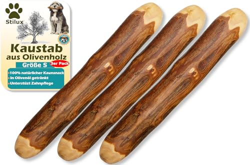 Stilux® Lot de 3 Bâtons à mâcher en Bois d'olivier pour Chiens,Taille S, Jouet d'occupation pour Chien et Chiot jusqu'à 10Kg, Friandise Os en Bois 100% Naturel et Durable