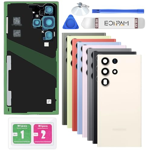 Eonpam Back Cover Glass for Samsung Galaxy S23 Ultra S918 White | Original quality back glass replacement rear glass battery cover back cover replacement with camera lens repair kit.