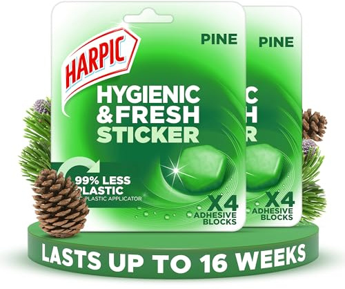 Harpic Hygienic Fresh Sticker Adhesive Toilet Block, Pine, Pack 2 x 4 Stickers, Toilet Freshener, No Plastic Applicator, Up to 16 weeks of Freshness