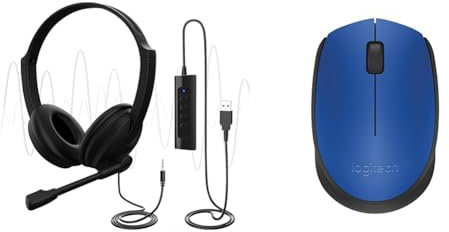 USB Headset with Microphone for PC Laptop, Adjustable Noise Cancelling Business Office Headsets & Logitech M171 Wireless Mouse for PC, Mac, Laptop, 2.4 GHz with USB Mini Receiver