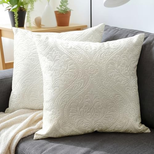 Encasa XO Samt Kissenbezug, ohne Füllung 40x40 cm Cream | Geprägtes Damast-Muster | Weicher Plüsch-Samt | Verdeckter Reißverschluss | Langlebig & Waschbar | 2er-Set