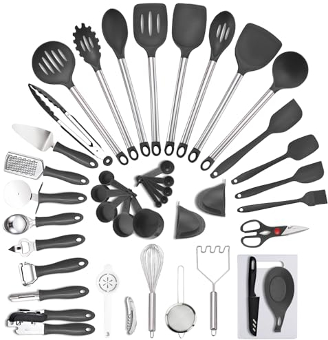 Daniel James Kitchen Utensil Set - 42 Piece Non Stick Cooking Tools and Kitchen Gadgets - Heat Resistant and Dishwasher Safe Cookware - Black & Silver
