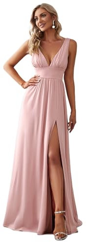 Ever-Pretty Robe pour Mariage Invité Longue Fendue Femme Col V Mousseline de Soie sans Manche A Line Chic Rose 34
