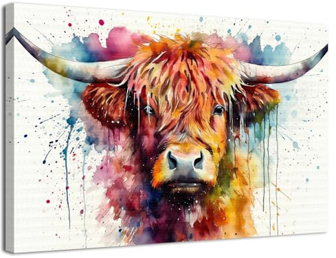 AIYISU Hochlandkuh Leinwand-Kunst, Aquarell, Banksy-Drucke, Bilder, Graffiti, schottische Kuh, Wanddekoration, bunte Bauernhoftierbilder, Gemälde, modernes Kunstwerk für Wohnzimmer, Heimdekoration, 30