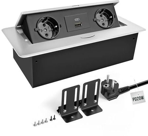 JACEPFY Versenkbare Steckdose Einbausteckdose mit PD20W USB-C Schnellladefunktion Tischsteckdose für Schreibtisch Küchenarbeitsplatte, Silber