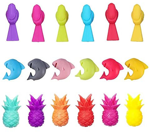 SPONGL Lot de 18 marqueurs de verre à vin en silicone - Motif dauphins, ananas et oiseau, Mixed Sizes, Silicone