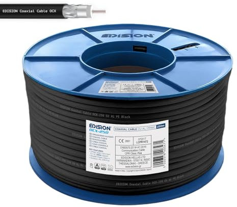EDISION OCX-250 Cavo Coassiale 250m, Cavo Antenna TV SAT Esterno/Interna PE Nero, Rame CU/AL, 17PAtC, CPR Fca, Classe A, Cavo SAT, per DVB-S2, DVB-T/T2, DVB-C, RADIO, Bobina Plastica 250m