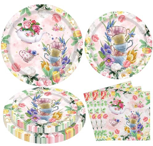 LWYGEGJO 120Pcs Tea Party Decorations Tea Floral Party Supplies Floral Theme Plates and Napkins Sets Flower Tableware for Girl's Birthday Baby Shower Wedding