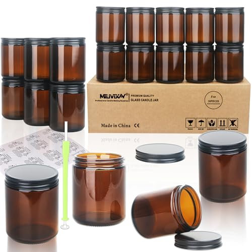 MILIVIXAY Lot de 20 bocaux à bougies en verre épais ambré foncé de 227 g avec couvercles en métal noir - Pots à bougies vides en vrac pour la fabrication de bougies - Pots pour épices, liquides
