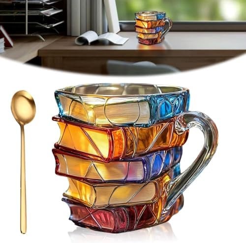 Painted Book Mug, Funny Novelty Reading Coffee Cup with Charming Book-Themed Designs,with Spoon,Novelty 3D Painted Books Coffee Mug,Glass Stack Shaped Mark Cup for Literature Lover (A)