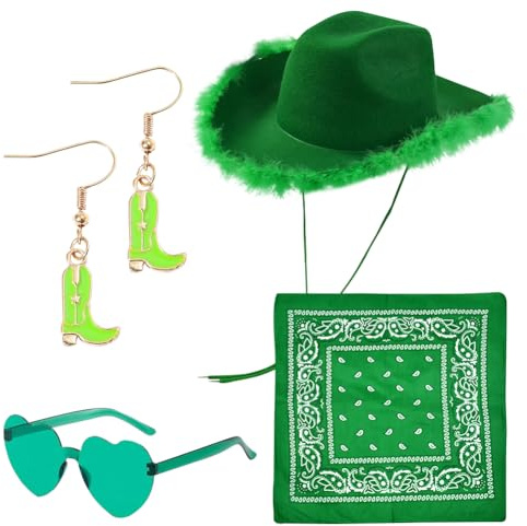 Cowboyhut für Damen, 4PCS Cowgirl Hut Zubehör Set mit Brille Halstuch Ohrringen Breiter Krempe Cowboyhüte Fashion Western Cowboy Hut Cowgirl Kostüm Accessoires für Halloween Karneval Cosplay (Grün)