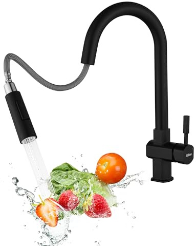 Süßren Wasserhahn Küche Schwarz,Hochdruck Küchenarmatur mit Ausziehbar Brause,Armatur Küche 360° Drehbar,Spültischarmatur Zwei Wasserstrahlarten, Edelstahl Mischbatterie Küche
