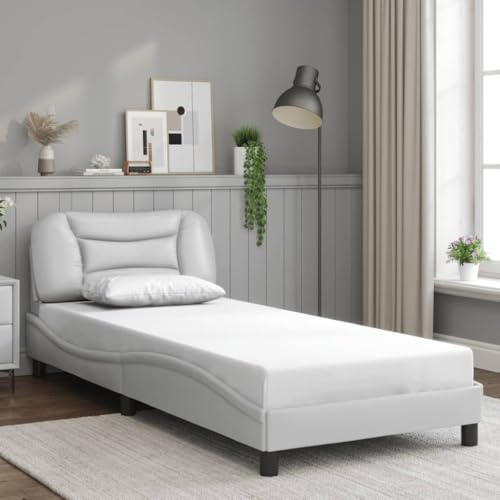 QJBSAVVA Bettrahmen Hvar weiß 80x200 cm Kunstleder Kopfteil mit Kissen wellenförmiges Design 218x85x74,5 cm Modernes Jugendbett leicht zu reinigen für Kinderzimmer Gästezimmer