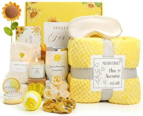 Zyphoria Gifts for Women, Sunflower Pamper Gifts for Women, 13PCS Cosy Gifts Set Birthday Presents Hampers with Flannel Blanket Self Care Get Well Soon Gifts for Friends, Mum, Wife, Sister