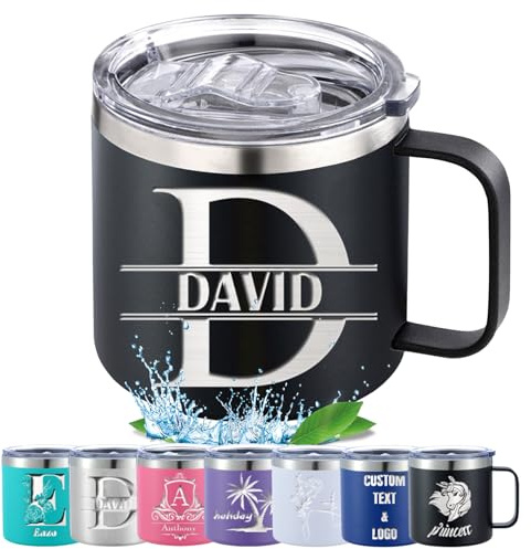 Taza aislada personalizada con logotipo, nombre inicial, texto de 12 y 14 onzas, taza de acero inoxidable personalizada con tapa, vaso aislado al vacío de doble pared para café y té, estilo 02