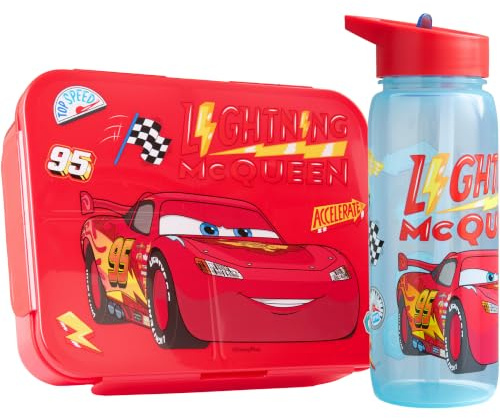 Get Trend Disney Cars Boite a Lunch Enfant Garcon et Gourde Air Up Set, Bento Lunch Box Compartiment et Sans BPA Gourde avec Paille (Multi Lightning McQueen)