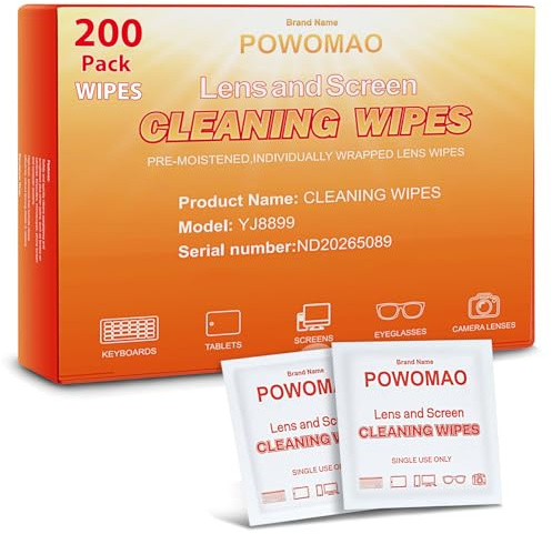 POWOMAO Glasses Cleaning Wipes, 200 Count (Pack of 1) Lens Wipes Suitable for Eyeglass Lenses, Camera Screens, Binoculars, Convenient to Carry and Effectively Cleans