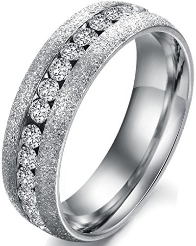 JewelryWe Ring Herren Damen Sandgestrahlt: 6mm Breite Edelstahl Herren-Ring Damen-Ring Zirkonia Diamant Linie Versprechen Jubiläum Ringe Verlobung Hochzeit Band Gravur Silber Größe 62