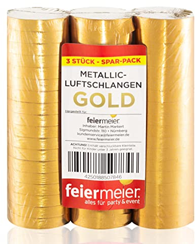 PartyMarty Luftschlangen Gold Metallic im 3er Sparpack - 3 Rollen mit je 18 metallisch glänzenden Luftschlangen - Karneval, Fasching, Hochzeit, Silvester & Co GmbH®