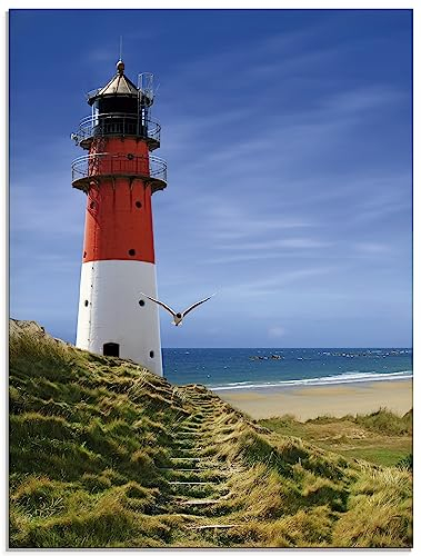 ARTland Wanddeko Glasbilder Wandbild Glas Bild einteilig 60 x 80 cm Maritime Deko Strand Meer See Himmel Blau Architektur Leuchtturm T6CQ