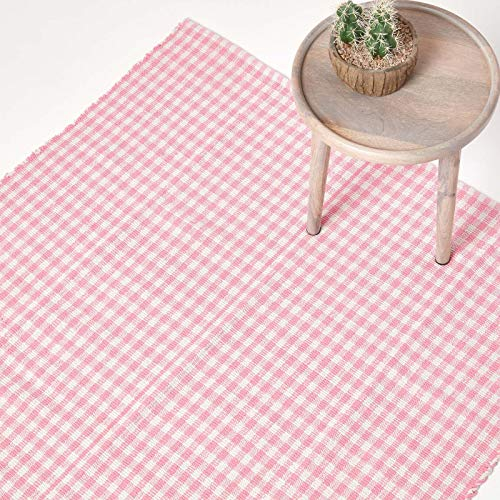 Homescapes Karo-Teppich rosa, Flachweb-Teppich 110x170 cm, Baumwoll Landhaus-Karo, Handwebteppich