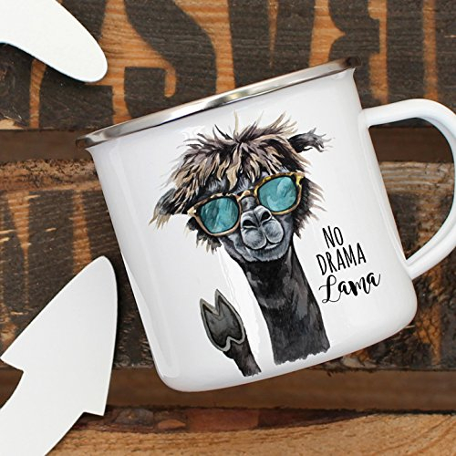 ilka parey wandtattoo-welt® Emaille Tasse Becher mit Lama & Sonnebrille Kaffeebecher mit Spruch NO Drama Lama eb12