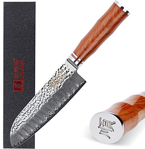Sunlong 7 Cuchillo Santoku clásico con filo hueco Hoja japonesa VG10 Cuchillo Chef de acero de Damasco con alto contenido de carbono en palisandro SL-DK1047R