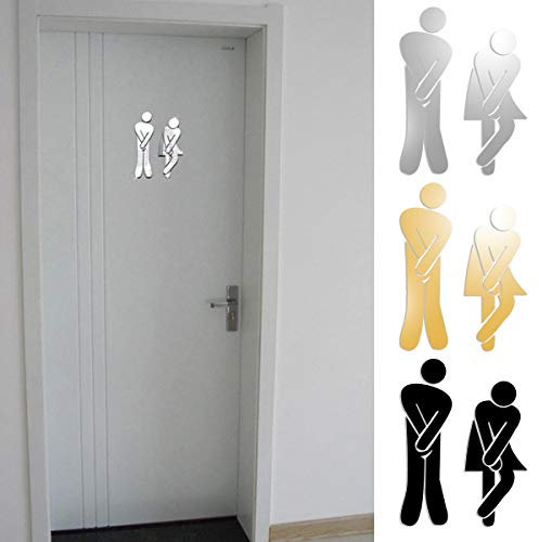 3D Amovible Homme Femme Miroir Autocollant Salle De Bains Panneau Poteau Toilette Porte Entrée Signe DIY Autocollants Muraux Décor À La Maison Stickers (Color : Silver)